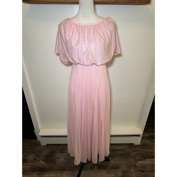 Vintage 1970s Bridesmaid Prom Rose Pleated Maxi Disco Gown Boho Dress Size M/L - Picture 1 of 7